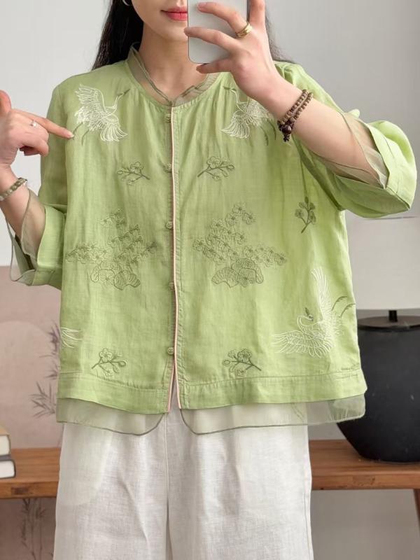 シャツ レディース 春夏 五分袖 Vネック 刺・墸 切り替え チュール ネット 配色 トップス2｜ソファポテト