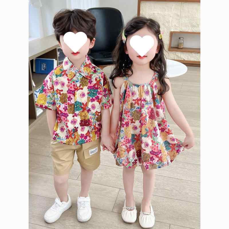 セットアップ キッズ 女の子 小花柄 キャミソールワンピース 男の子 韓国子供服 半袖シャツ ショートパンツ 兄妹コーデ 夏 かわいい おしゃれ