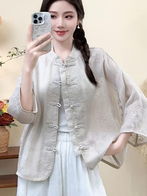 シャツ レディース 新 中式 ?麻 七分袖 トップス 立襟 デジタルプリント ゆったり ?松 薄手 春夏2