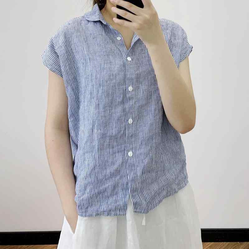 シャツ レディース 亜麻色 織り ストライプ 格子柄 半袖 ルーズフィット ドロップショルダー ゆったり リネン トップス2