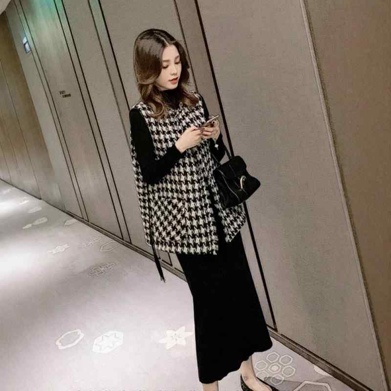 ワンピース レディース 秋冬 韓国風 ニットワンピース セットアップ 千鳥格子 ベスト ゆったり チュニック 膝丈 長袖 Aライン 着痩せ かわいい 上品 フェミニン