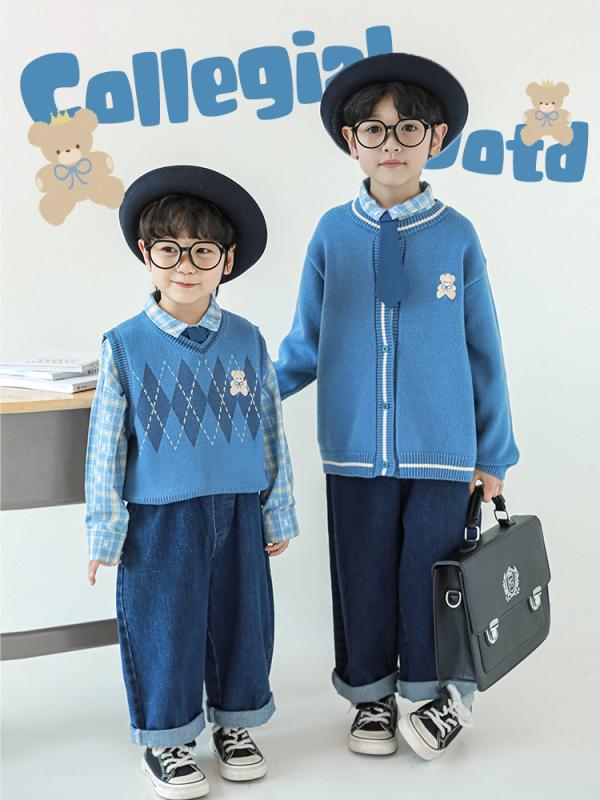 シャツ 男の子 キッズ 格子柄 小熊 ノースリーブ ベスト 秋冬 ニット セーター 学生 普段使い かわいい