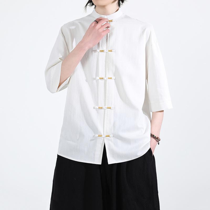 シャツ メンズ 男性用 中国風 漢服 半袖 トップス 竹節 ・委麻 無地 カジュアル おしゃれ 普段使い