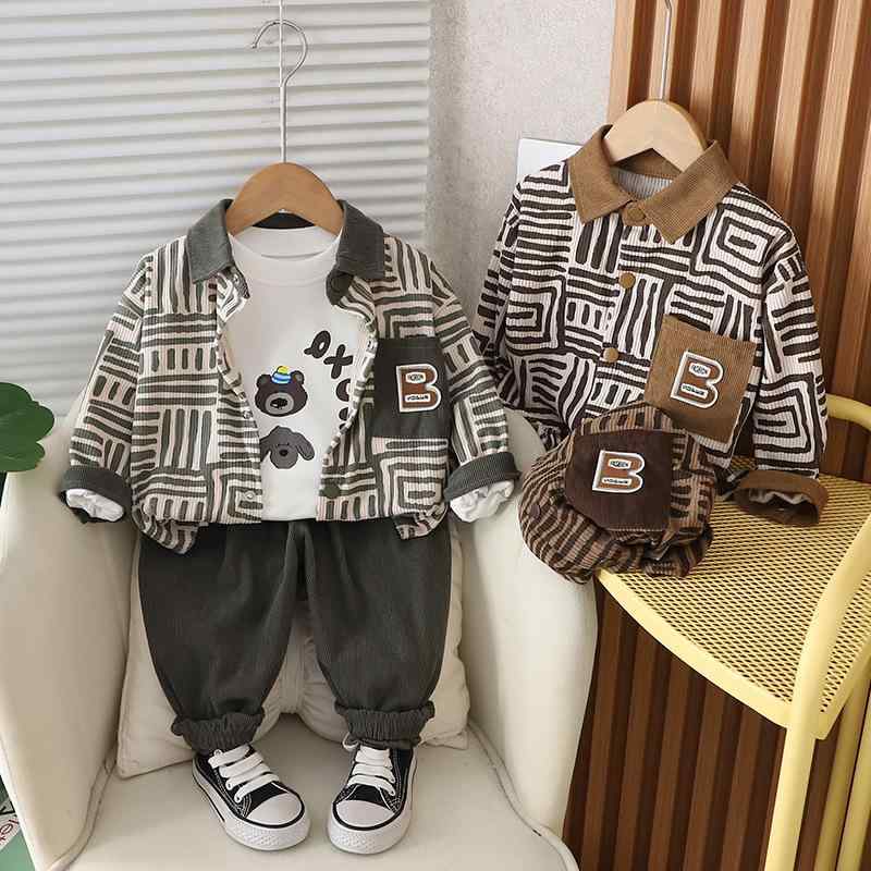 シャツ キッズ 秋物 コーデュロイ シャツ セットアップ 子供 ベビー トップス アルファベット カーディガン 上下セット