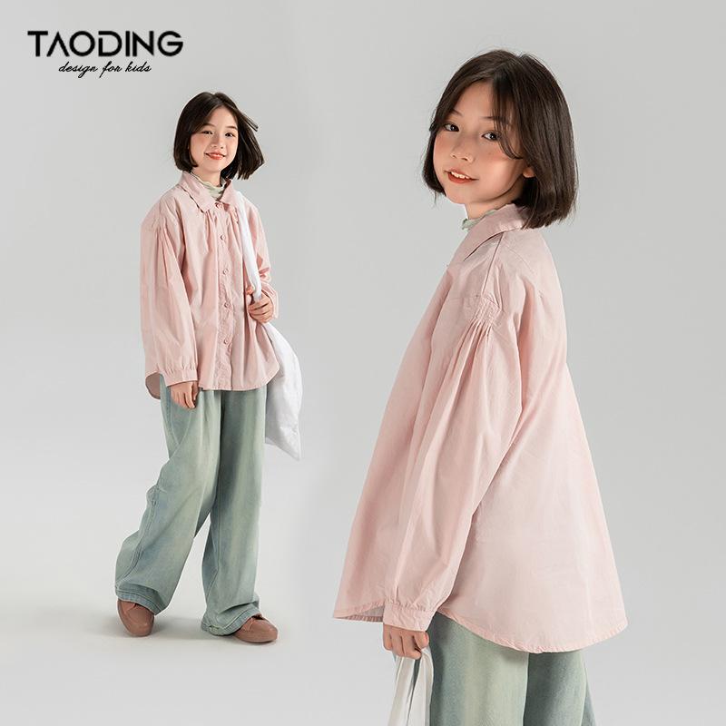 シャツ ガールズ 子供服 女の子 トップス 春秋 長袖 中大 かわいい カジュアル 無地 襟付き おしゃれ 綿