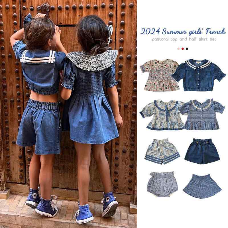 シャツ 子供 女の子 半袖 デニム トップス スカート セットアップ レトロ風 刺繍 泡泡袖 カットソー 春夏 かわいい