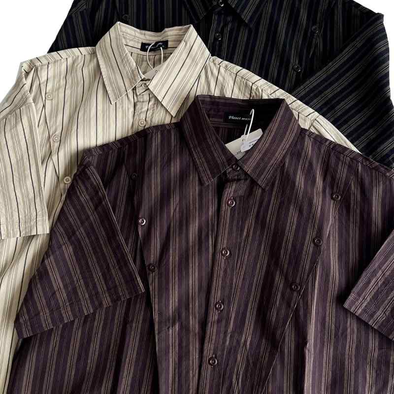 シャツ 男性用 高見え ストライプ シャツ 日本製 レトロ風 青年 ワーク ゆったり ワイド 半袖 シャツ