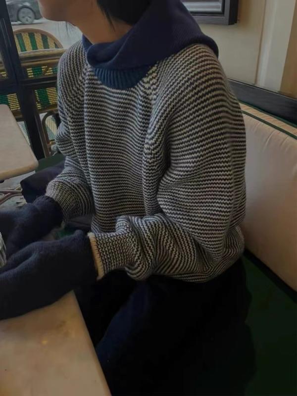 ニット レディース 秋冬 トップス レトロ風 細ストライプ プルオーバー 伸縮性 ゆったり 普段使い かわいい2