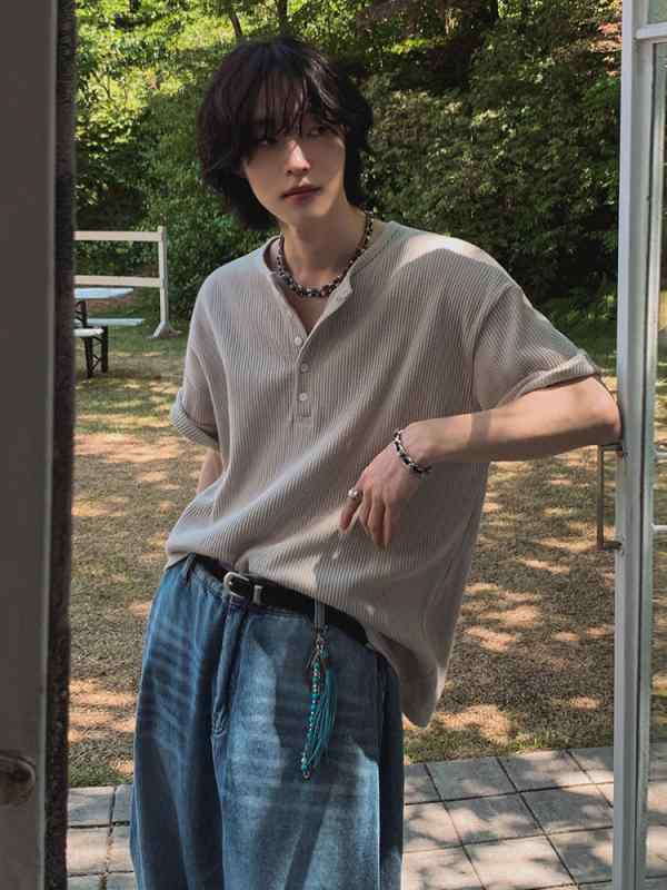Tシャツ メンズ 半袖 ヘンリーネック カットソー プルオーバー 韓国風 リラックス 通勤 男性用 ラフ オールドマネー