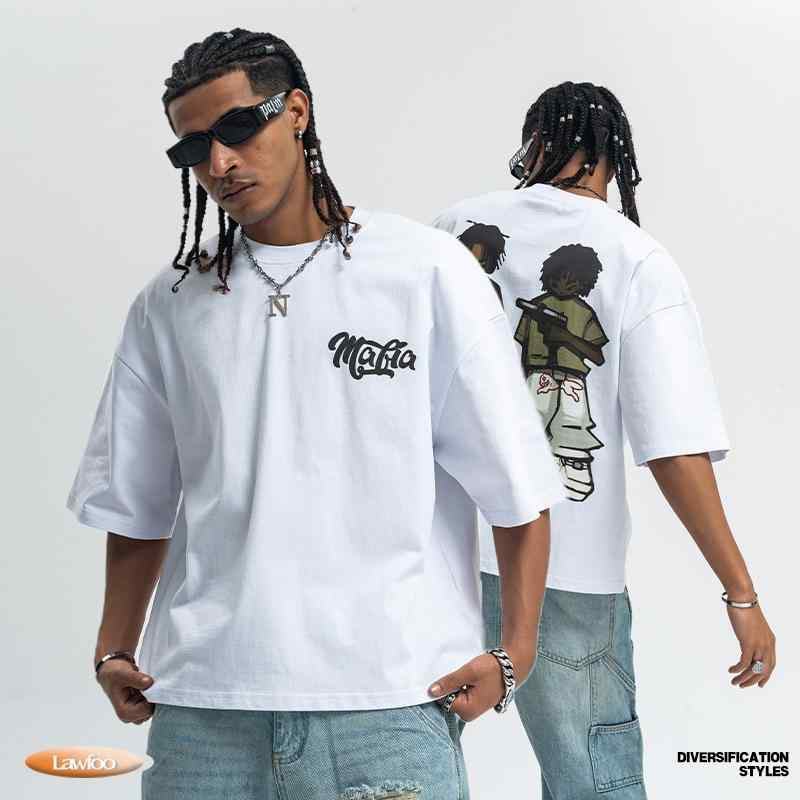 Tシャツ 男女兼用 ゆったり ストリート ピストル ボーイ プリント 綿 ドロップショルダー リラックス トップス 普段使い