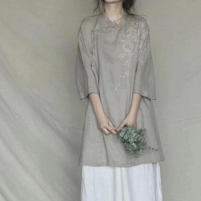 Tシャツ レディース 半袖 チャイナ風 刺繍 ミディアム丈 スタンドカラー 麻 リネン トップス カットソー ナチュラル 春夏2|ソファポテト