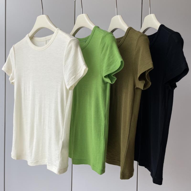 Tシャツ レディース 100%メリノウール ラウンドネック 後ろ中心線 半袖 接触冷感 吸湿性 通気性 スリムフィット 薄手 高級感2|ソファポテト