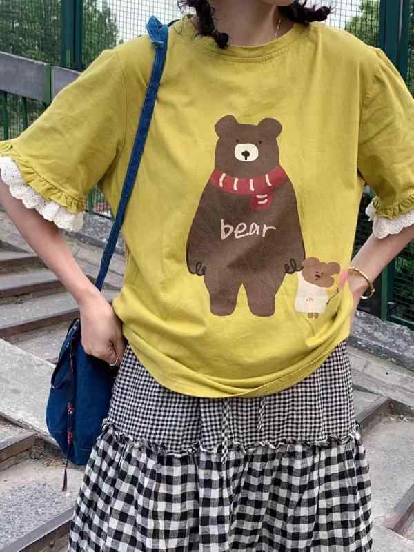 Tシャツ レディース 半袖 トップス カットソー プルオーバー プリント かわいい 森ガール系 インナー 百搭2