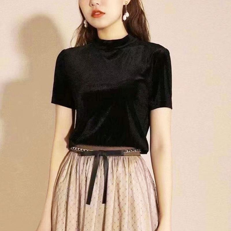 Tシャツ レディース 春夏 シルクタッチ ベルベット 半袖 トップス スリムフィット 着痩せ 高見え きれいめ 上品 フェミニン カットソー おしゃれ