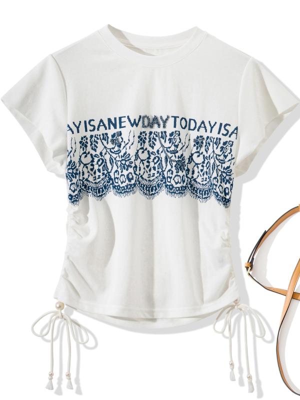 Tシャツ レディース ラウンドネック プリント 半袖 トップス サイドドローストリング カジュアル ゆったり 春夏 5,959円