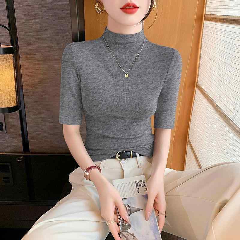 Tシャツ レディース 春夏 五分袖 グレー モダール トップス スリム タイト リブ 伸縮性 ストレッチ インナー カットソー カジュアル