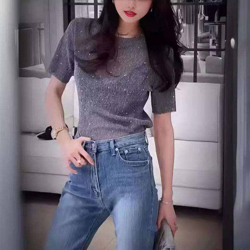 Tシャツ レディース スリムフィット 半袖 トップス ラウンドネック チュール 切り替え ・聞鑽 ビジュー 薄手 インナー おしゃれ かわいい2|ソファポテト