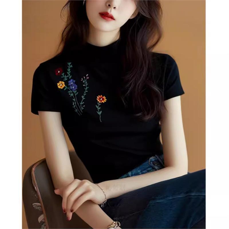 Tシャツ レディース 半袖 黒 ハイネック プリント 接触冷感 カットソー トップス プルオーバー 薄手｜ソファポテト