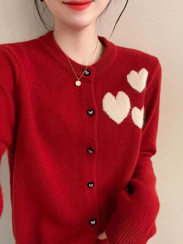 カーディガン レディース 春秋 韓国風 ゆったり かわいい 丸首 ボタン留め ハート 刺繍 ニット 柔らかい 普段使い デート