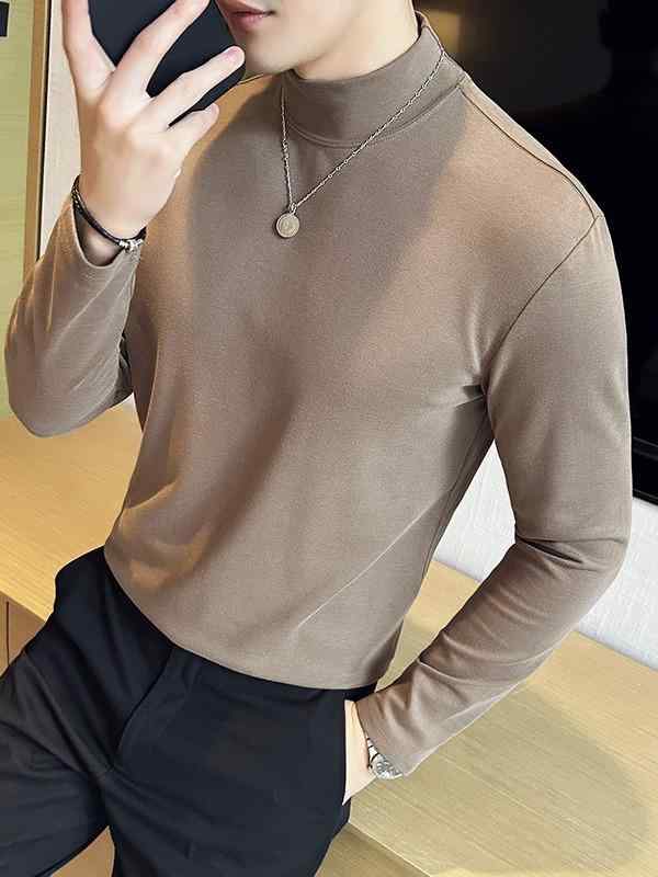 Tシャツ メンズ 秋冬 ハーフハイネック 無地 スリム コットン 綿 快適 磨毛 カジュアル インナー 秋服