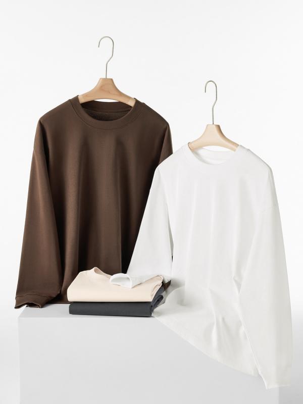 Tシャツ メンズ 男性用 秋冬 綿100% 300g 無地 リブ クルーネック 長袖 トップス ゆったり 普段使い 部屋着
