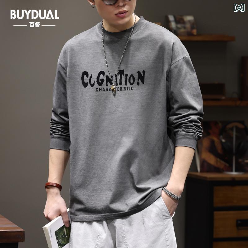 Tシャツ メンズ 男性用 長袖 ルーズ ラウンドネック プルオーバー トップス 春物 フロッキープリント ヘビーウェイト