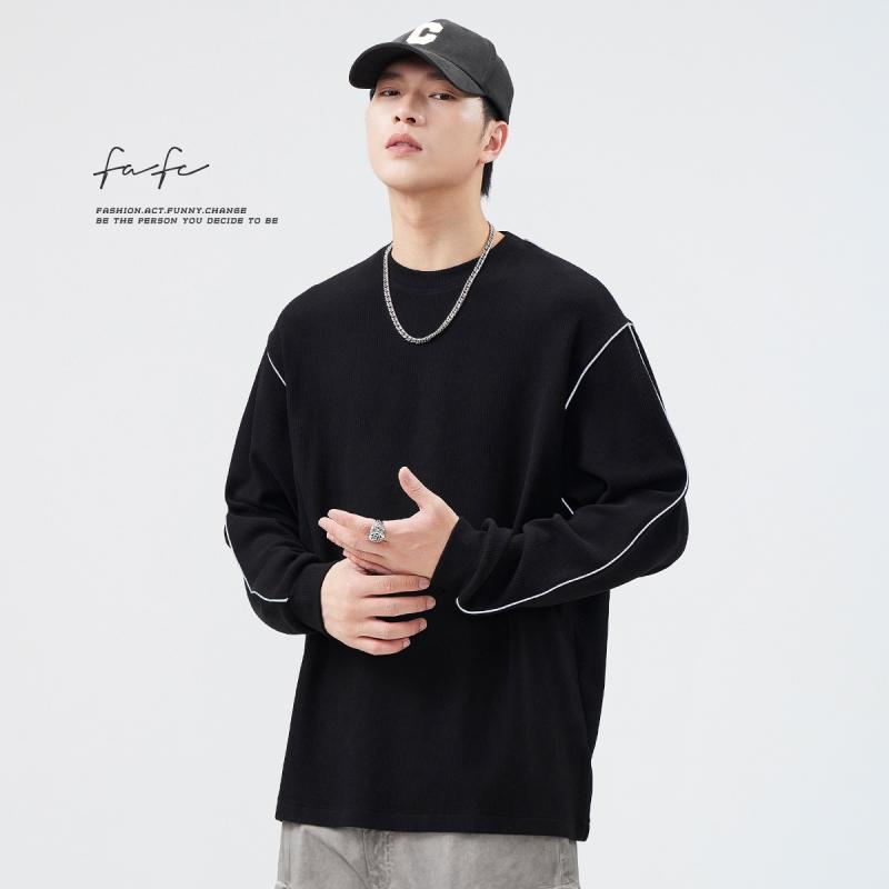 Tシャツ 男性用 秋冬 長袖 美式 トレーナー 360g 反射ストリップ クルーネック プルオーバー トップス カットソー 普段使い シンプル スポーティ