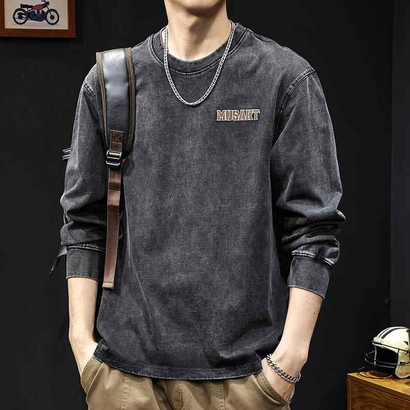 Tシャツ 男性用 水洗い加工 レトロ風 長袖 トップス 春秋 大きいサイズ インナー 普段使い カジュアル