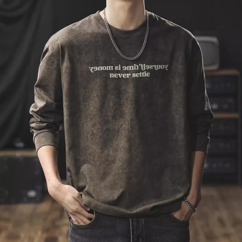 Tシャツ 男性用 春秋 長袖 綿100% ヘビーウェイト ウォッシュ加工 レトロ ビッグサイズ ゆったり クルーネック トレーナー アメカジ