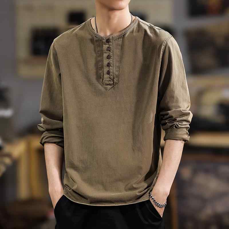 Tシャツ 男性用 春物 コットン 長袖 ヘンリーネック レトロスタイル カジュアル インナーウェア