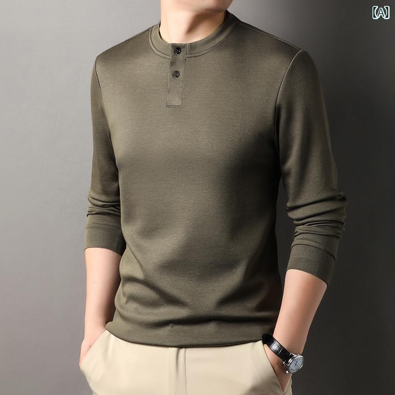 Tシャツ メンズ 男性用 ウール混紡 ラウンドネック 長袖 トップス ファッション 快適 普段使い アンダーウェア