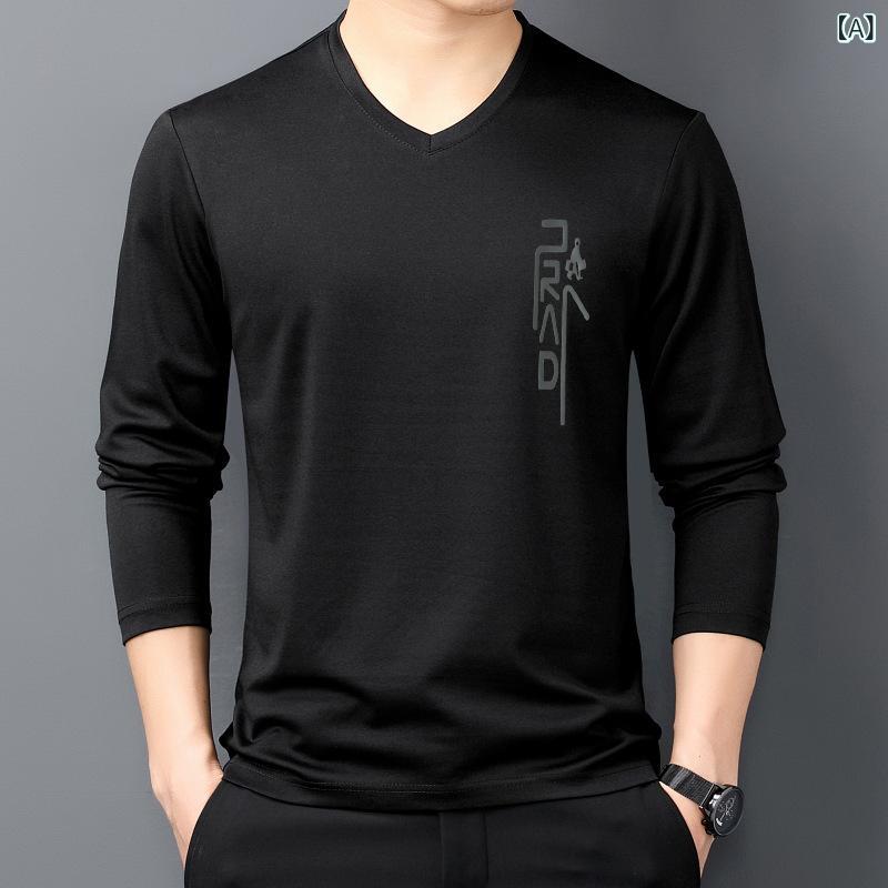 Tシャツ 男性用 シルク 綿 長袖 Vネック トップス カットソー 普段使い オフィスカジュアル