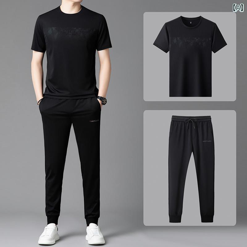 メンズ 半袖 セットアップ Tシャツ & パンツ 上下セット 男性用 運動着 部屋着 ルームウェア ジャージ スポーティ カジュアル