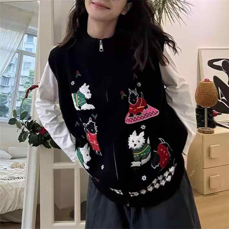 ニット レディース 春 ニットベスト 韓国風 刺繍 ラウンドネック ゆったり かわいい カジュアル 普段使い レイヤードスタイル トップス チョッキ