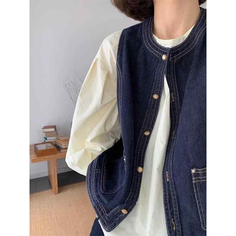ベスト レディース 春夏 デニム レトロ 重ね着 デザイン ノースリーブ 小柄 スタイル