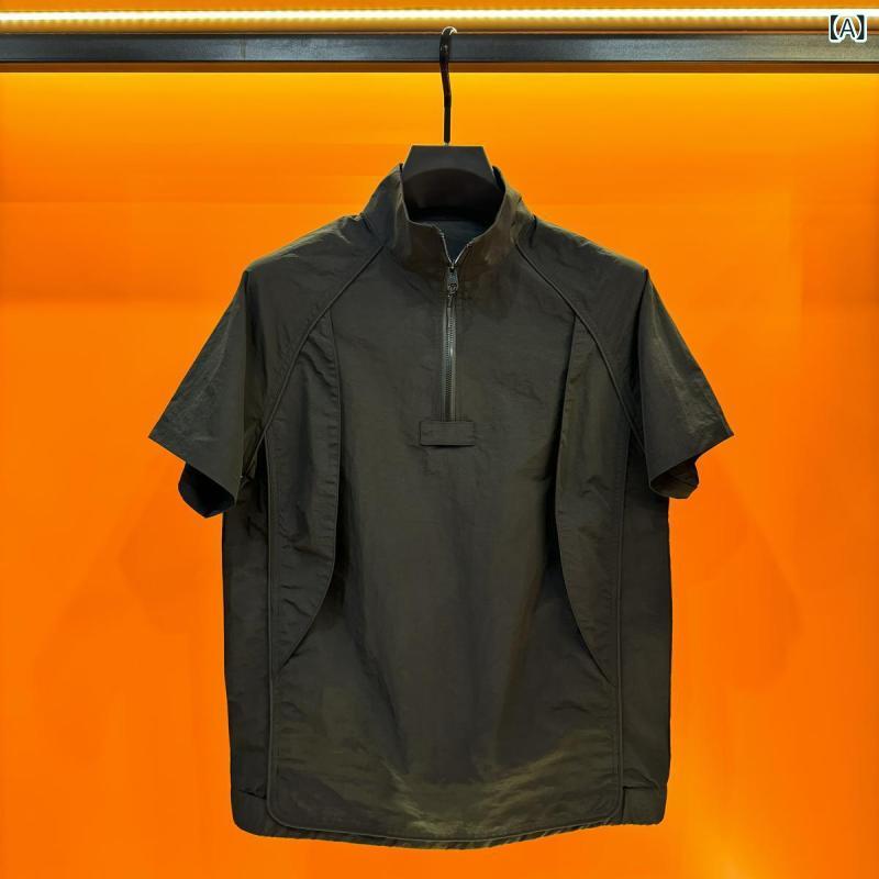 Tシャツ メンズ 男性用 立襟 ハーフジップ 半袖 トップス シンプル 切り替え 無地 デザイン カットソー