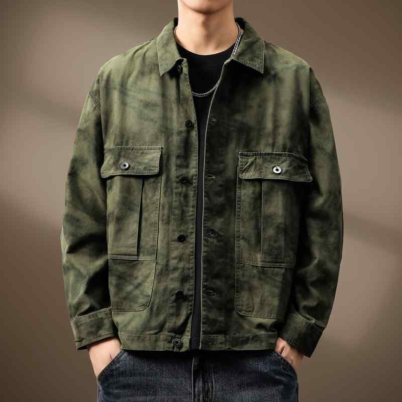 ジャケット 男性用 レトロ 染め 翻襟 ゆったり ワーク シャツ アウター 高級感
