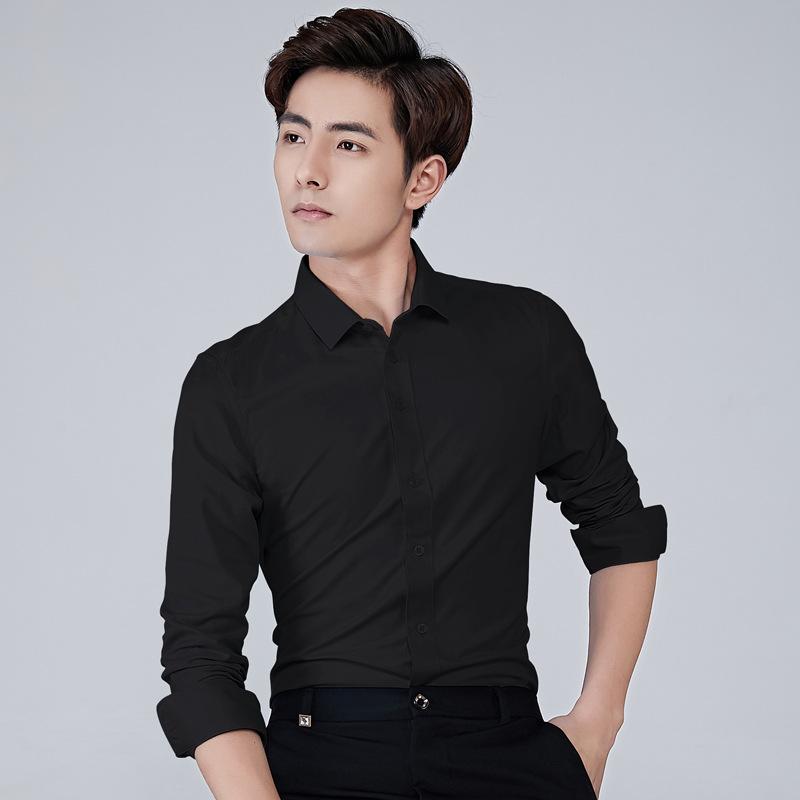 シャツ メンズ 長袖 韓国風 スリム ビジネス カジュアル フォーマル 若者 紳士 作業着 黒 形態安定