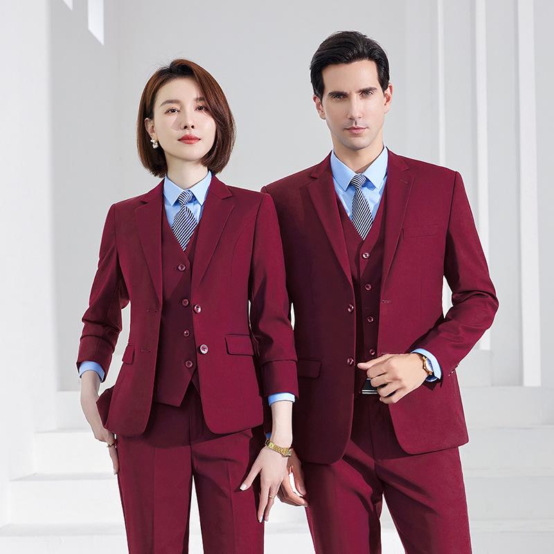 スーツ 男性用 事務服 ワインレッド 防しわ加工 メンズ レディース ジャケット パンツ セットアップ フォーマル ビジネス オフィス 年会