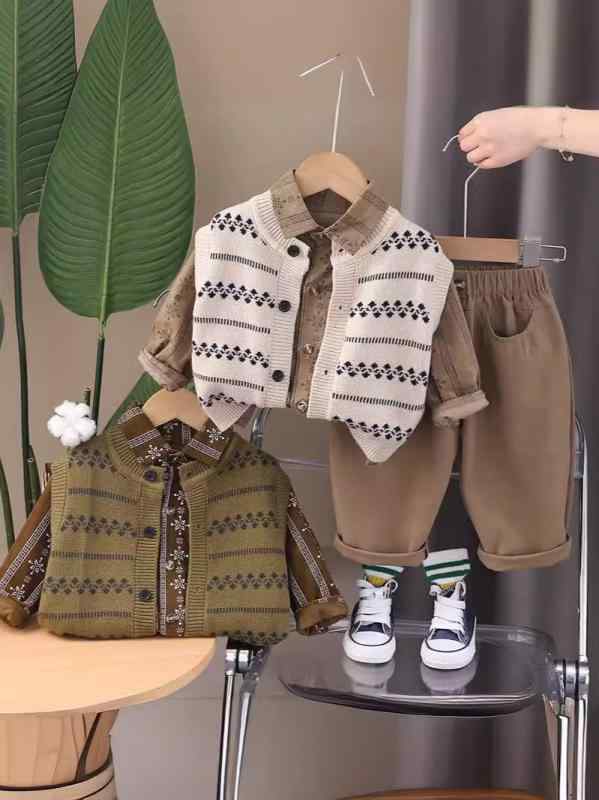 子供服 男の子 秋冬 ニットベスト シャツ 3点セット 小学生 幼児 ベビー ボーダー柄 トップス 普段着 かわいい