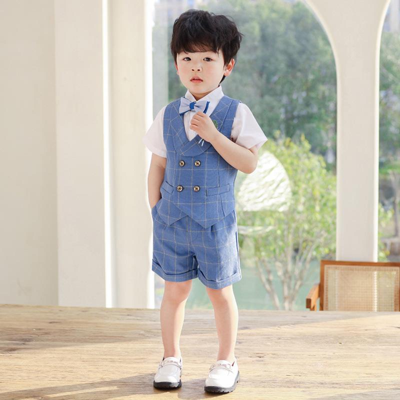 子供 フォーマルスーツ 春夏 男の子 格子柄 ベスト 上下セット 紳士 結婚式 セレモニー 花柄
