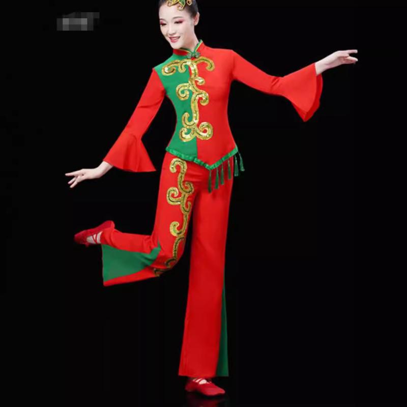 ダンス衣装 レディース 民族衣装 上下セット 扇子 舞踊服 舞台衣装 コスチューム イベント 腰鼓 広場 秧歌 春夏2