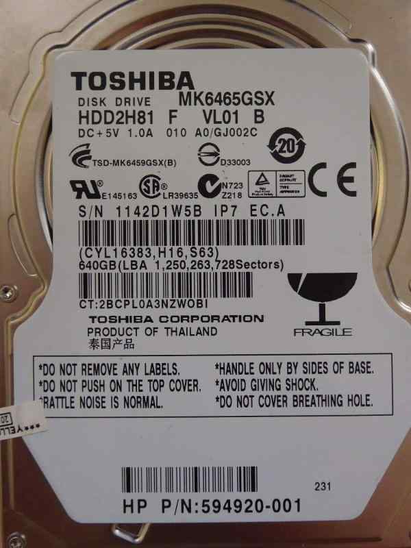 【中古】東芝 MK6465GSX 640GB 9.5mm 2.5インチ SATA300 HDD バルク品