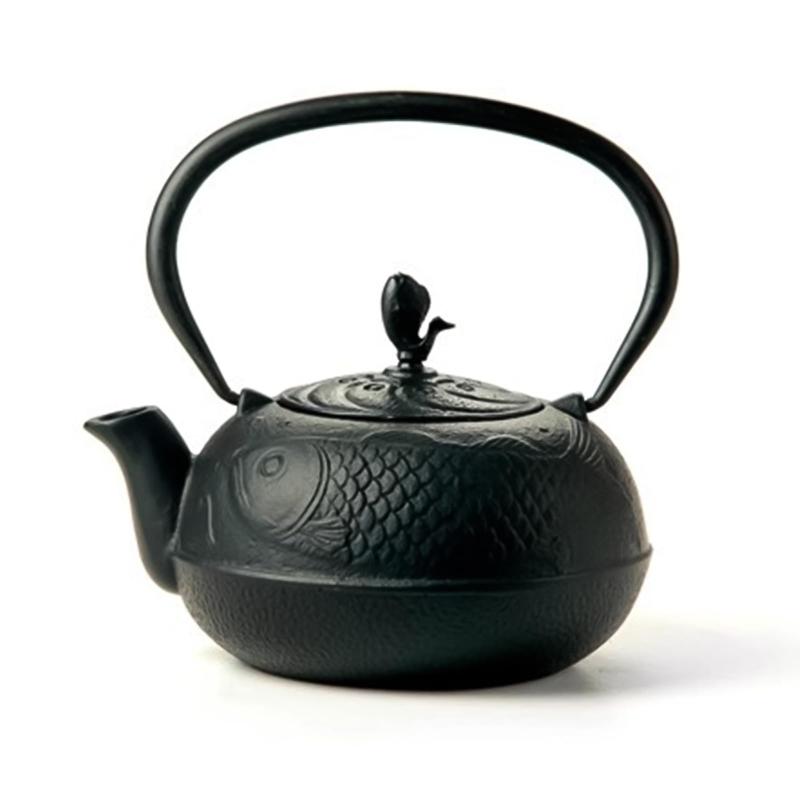 鉄瓶 湯沸かし 鉄びん 急須 茶の葉ポット IH相応う 直火 日本式茶器 手作り 煎茶 茶道 鉄瓶 茶席 かざり付ける 耐久性 茶器 言い慣わし芸術品 木樽型（黒）-花模様（黒）-双魚模様（黒）