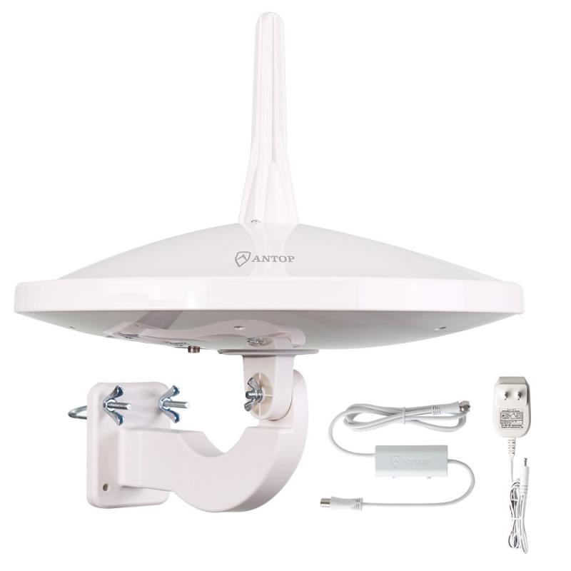 ANTOP 地デジアンテナ 室外テレビアンテナ UHF対応 地上デジタル放送用 HD TVアンテナ ブースター内蔵 720°全方位受信 105Km受信範囲 10m同軸ケーブル付き 設置簡単 中・弱電界用 ホワイト AT-JP415B|ソファポテト