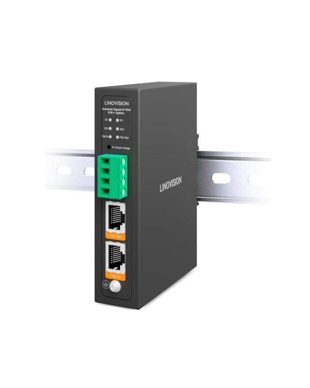 LINOVISION 産業用 ギガビット 90W POE++ スプリッター、IEEE802.3bt PoE と DC 5/9/12/24V 出力をサポート、PTZ カメラ/アクセス コントロール システムなどに応用可能、DINレール取り付け｜ソファポテト