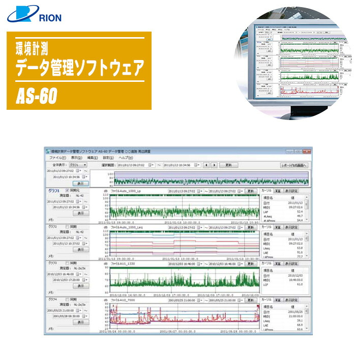 RION リオン 環境計測データ管理ソフトウェア AS-60 騒音計用【対応器種:NL-62A/NL-52AEX/NL-42AEX/NL-32/NL-31/NL-22/NL-212/DA-40Viewer】|土木測量試験用品のソッキーズ
