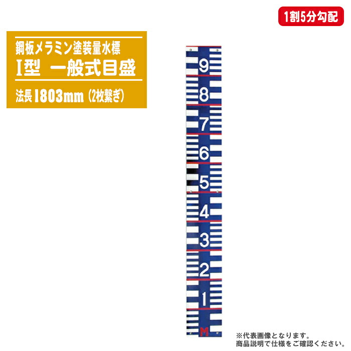 量水標 鋼板メラミン塗装 一般式目盛 I型 法長1803mm（2枚繋ぎ）1割5分勾配 【鋼板量水標 洪水 増水 水位測定 水位標 標識柱 勾配目盛】