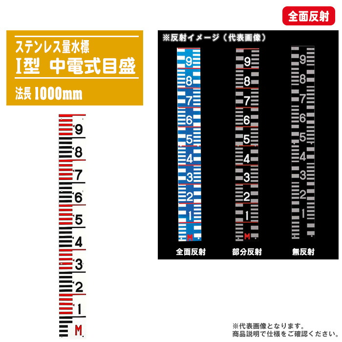 ステンレス量水標 中電式目盛 I型 法長1000mm 直目盛 全面反射 【量水標 洪水 増水 水位測定 水位標 標識柱】|土木測量試験用品のソッキーズ