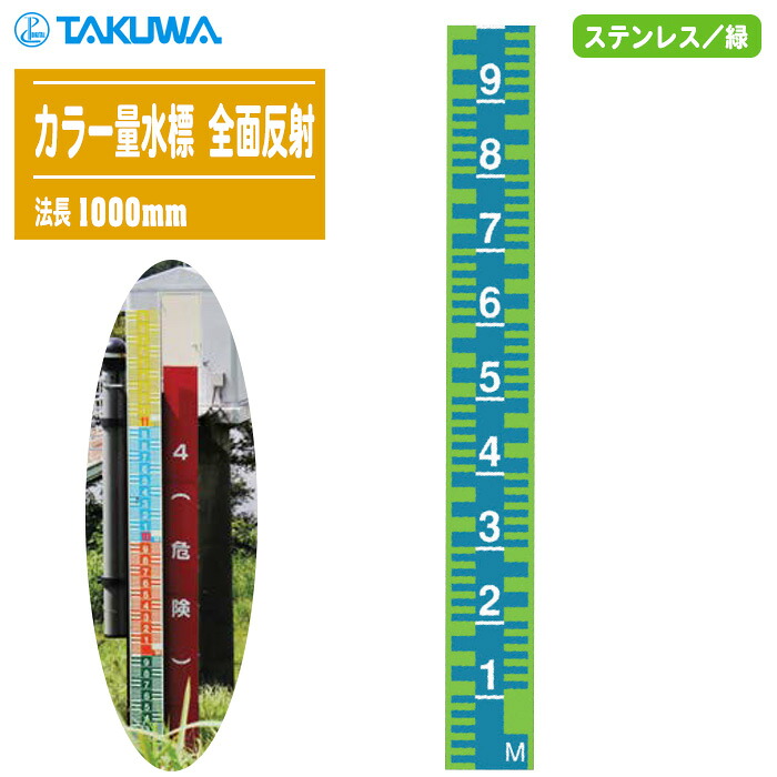 TAKUWA 拓和 カラー量水標 ステンレス／緑 全面反射 法長1000mm 幅120mm×厚み2mm 【量水板 洪水 増水 水位測定 水位標 標識柱】